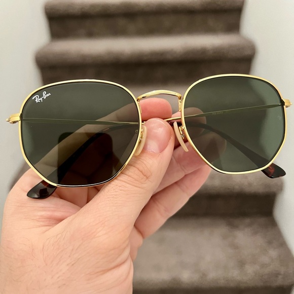 New Ray-Ban Hexagonal RB3548 Sunglasses 54mm Gold/Green - Picture 3 of 5